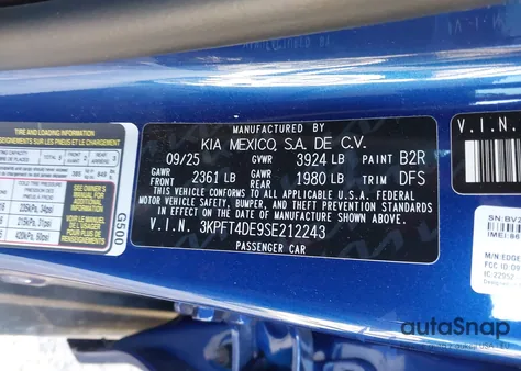 2025 Kia K4 Lxs из США, поврежденный, VIN 3KPFT4DE9SE212243